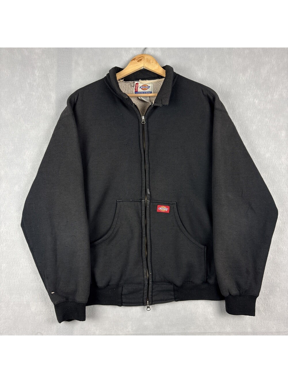 Vintage Dickies Waffle Knit Fleece Lined Jacket Men’s Large Black Faded Zip Up‎